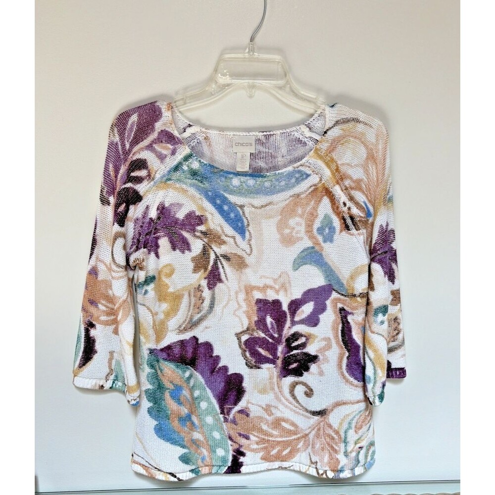 Chicos Size (1P) Petite M Women’s Floral 3/4 Sleeve Sweater Tropical Print